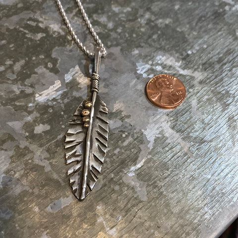 Sterling Silver and 9k Gold Feather Necklace