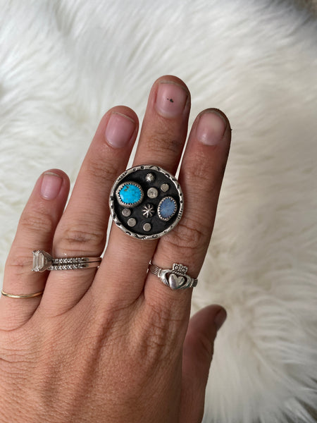 Turquoise and Opal Round Ring